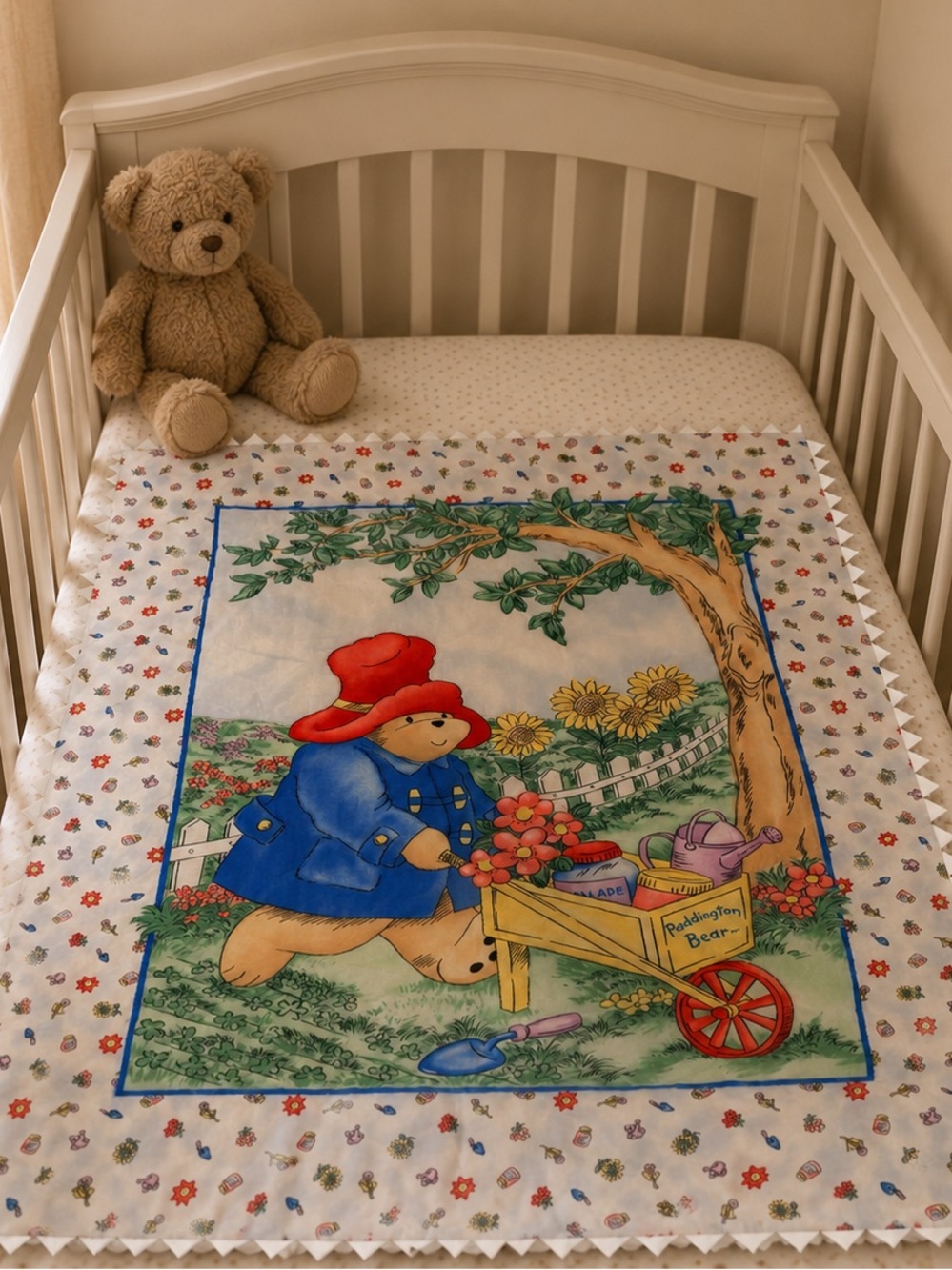 Vintage Paddington Bear Baby Quilt Blanket | Garden Scene | Nursery Decor |